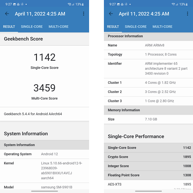 The Geekbench 5.0 score for the Samsung Galaxy S22 (Exynos)