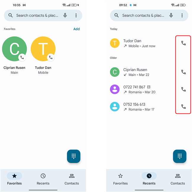 Calling a contact from the Favorites screen is easier than calling one from the Recents list