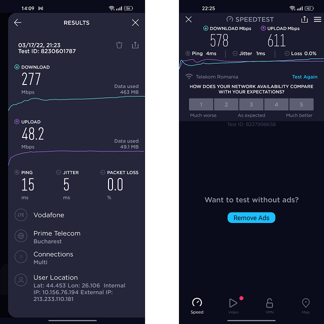 5G and Wi-Fi transfer rate results for the Realme GT2 Pro as tested with Ookla