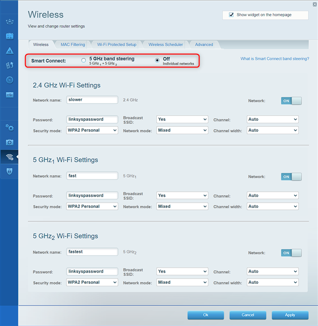 Disabling Smart Connect and configuring the Wi-Fi on a Linksys router