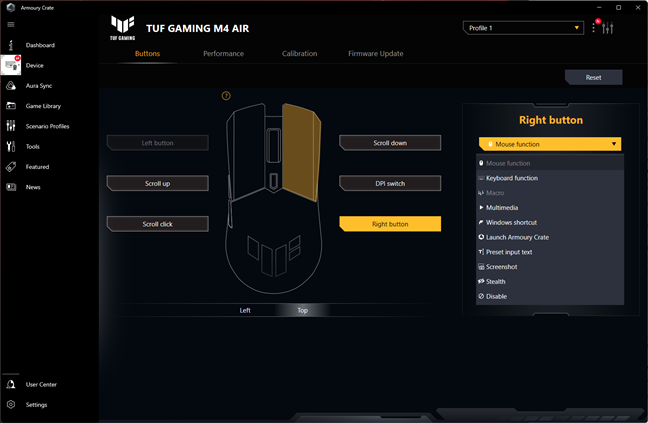 Button actions in Armoury Crate