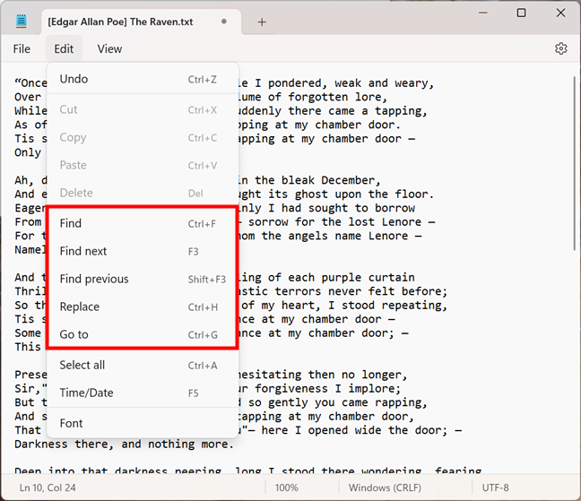 Find or replace text, and navigate in Notepad