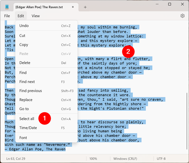 Select all text in Notepad