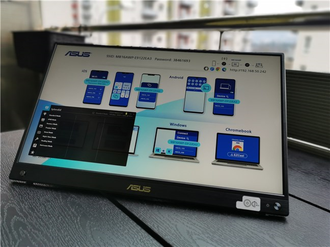 OSD menu and Wi-Fi details shown on the ASUS ZenScreen Go MB16AWP
