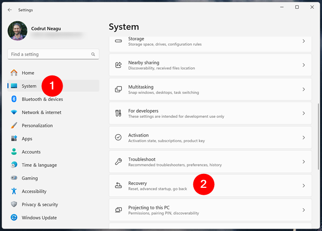 Access the Recovery settings in Windows 11