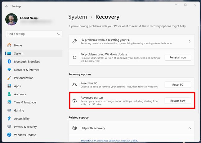 Advanced startup in Windows 11