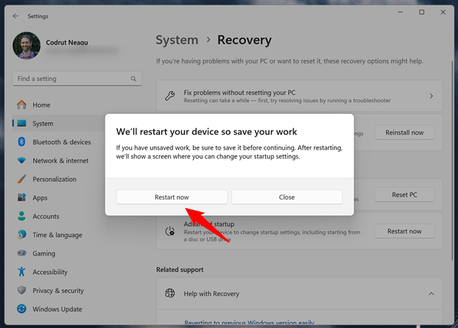 Windows 11 notifies you that it will restart your device