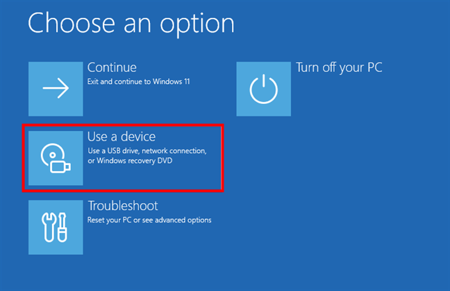 The Use a device option in Windows 11's recovery environment