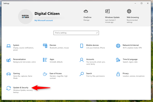Update & Security settings in Windows 10