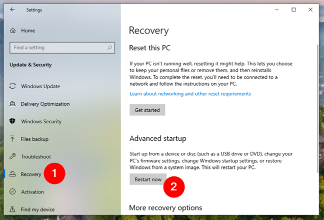 Advanced startup recovery options in Windows 10