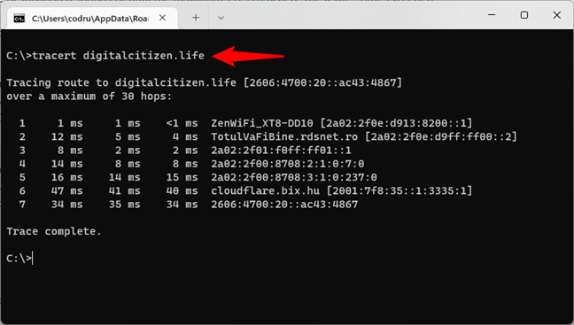 Trace the path to a website or network resource from CMD