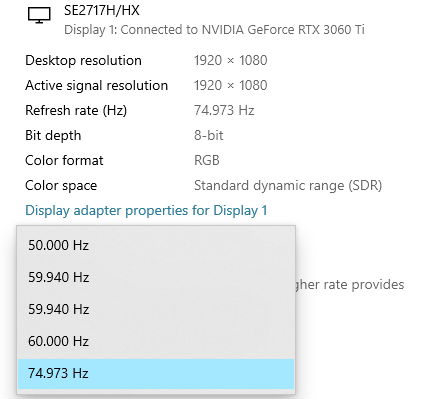 Different refresh rates available for a monitor
