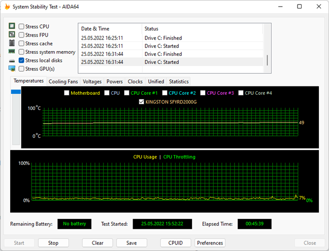 Temperatures reached by the Kingston Fury Renegade SSD