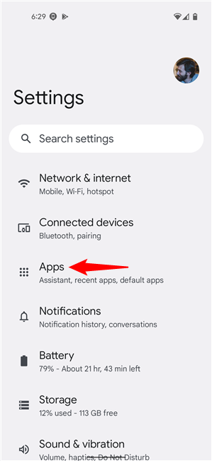 Access the Apps category of settings
