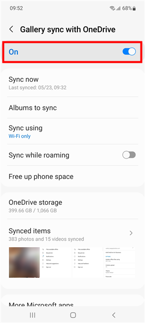 Enable the first switch from Gallery sync with OneDrive