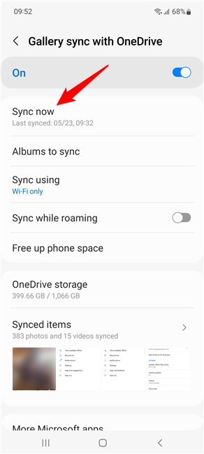 Tap Sync now to force sync your Samsung photos with OneDrive