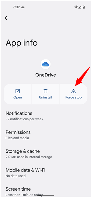 Force stop OneDrive on Android