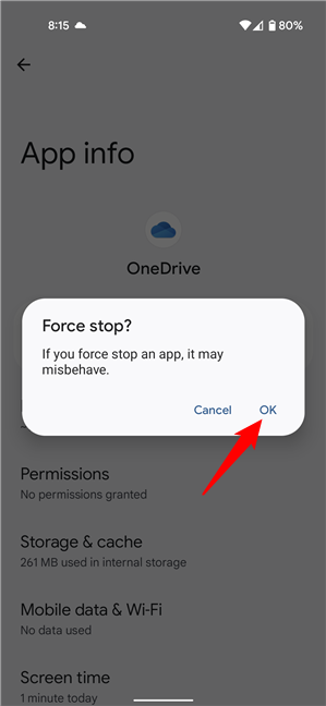 Confirm that you want to force stop OneDrive