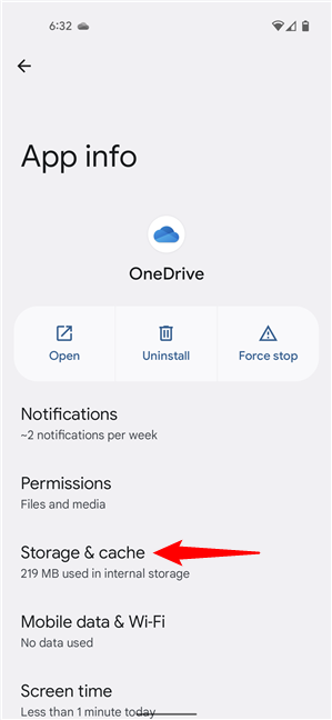 Access the Storage & cache settings for the OneDrive app