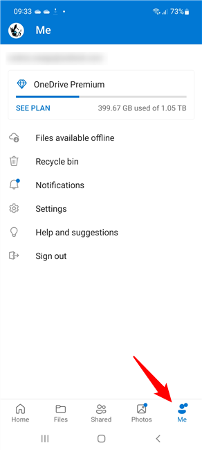 Tap on Me in OneDrive for Samsung Galaxy