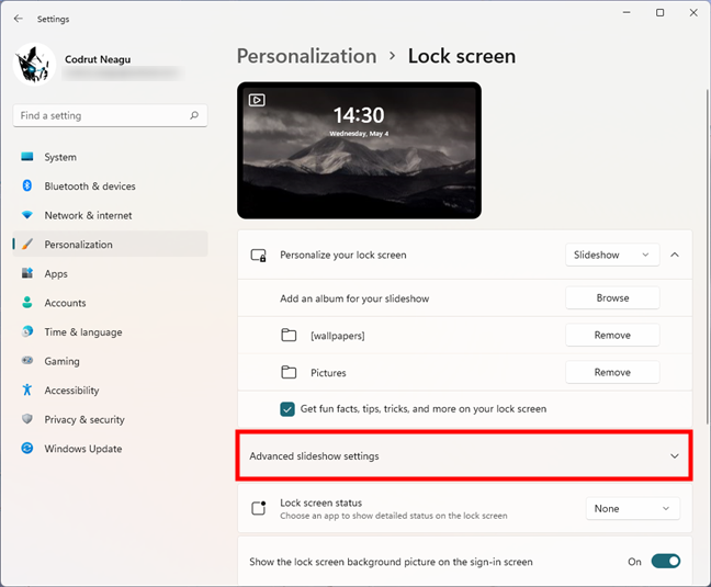 Advanced slideshow settings in Windows 11