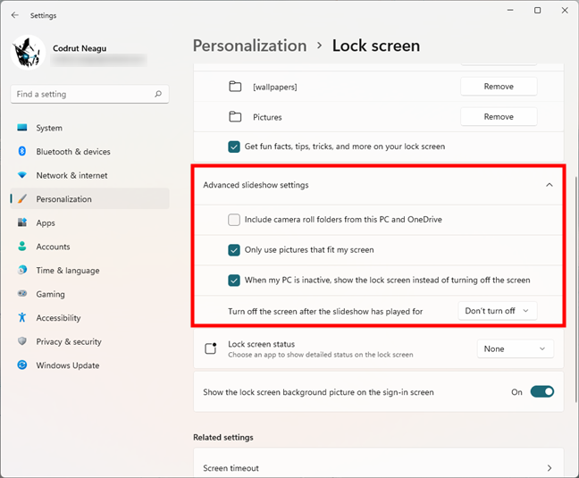 Advanced slideshow settings in Windows 11