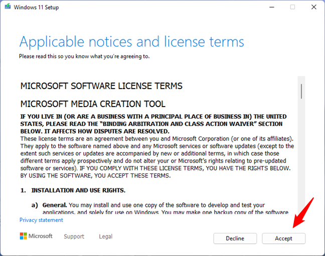 Accept the license terms for the Windows 11 Media Creation Tool