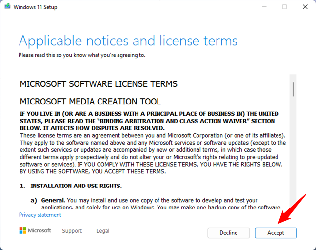 Accept the license terms for the Windows 11 Media Creation Tool