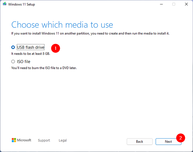 Choose to create a Windows 11 USB flash drive