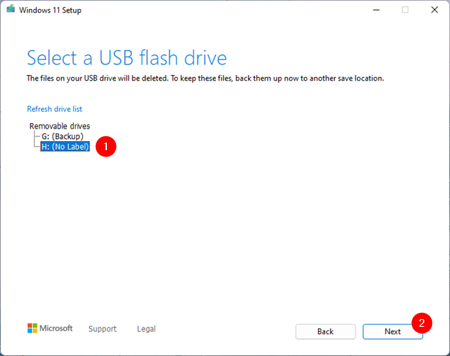 Select the USB drive for the Windows 11 setup files
