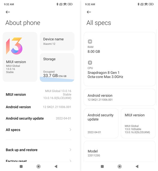 The specs of the Xiaomi 12