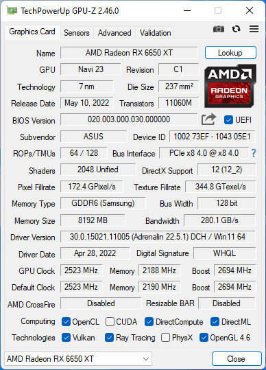 GPU-Z - Details about the ASUS ROG Strix RX 6650 XT Gaming 8GB OC Edition