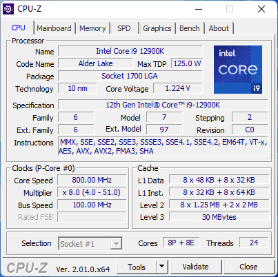 Details about the Intel Core i9-12900K shown by CPU-Z