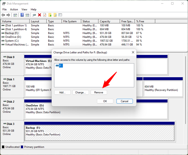 Remove the drive letter of a partition