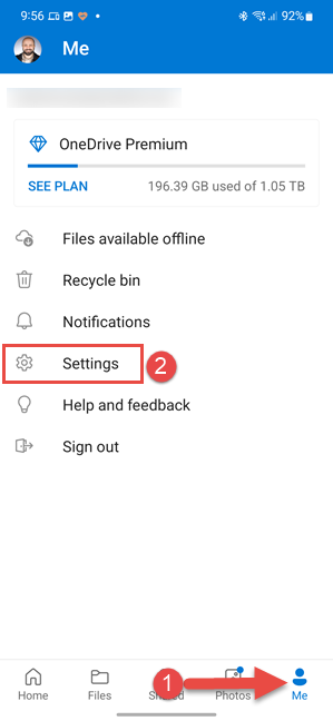 In the OneDrive app, tap Me, followed by Settings