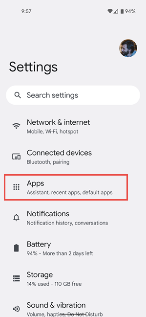 In Android's Settings, tap Apps