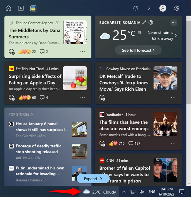 The Weather icon opens the News and interests widget
