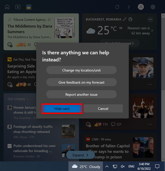 Press Hide card to disable Weather from the taskbar in Windows 10