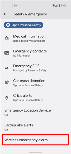 Tap on Wireless emergency alerts