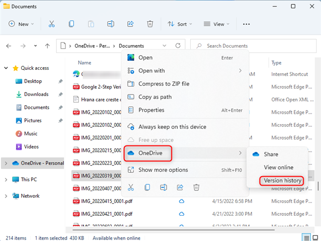 Right click and choose OneDrive > Version history