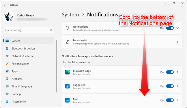 Scroll to the end of the Notifications page from the Settings app