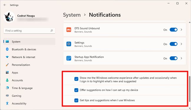 Choose whether you want notifications with tips and suggestions