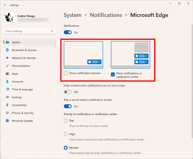 Notification banners and notifications in the notification center