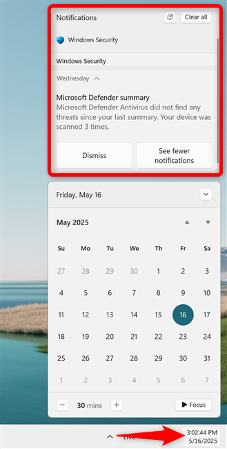 Clicking or tapping the time and date opens the calendar and the notification center