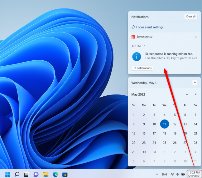 Click the date and time to access the Windows 11 Notification Center 