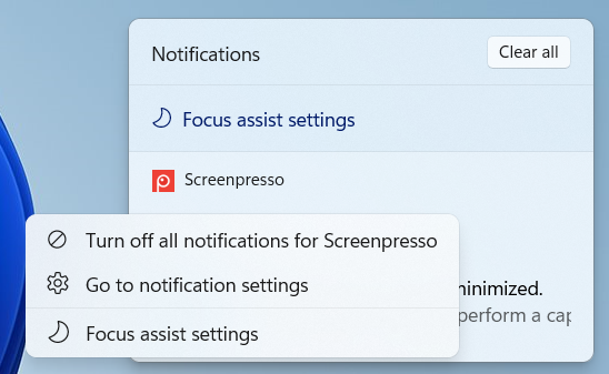 Access Focus assist settings from the options of any Windows 11 notification