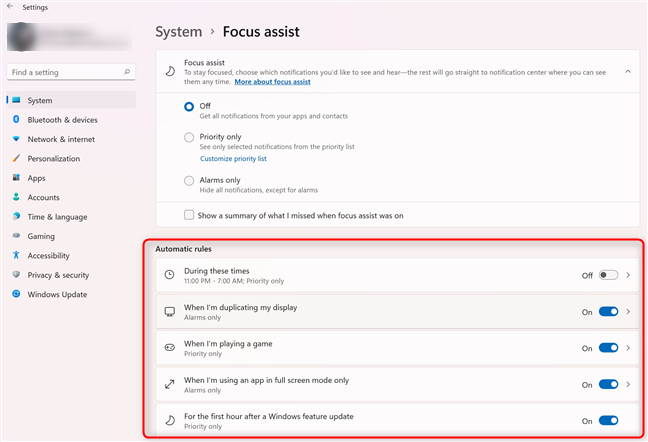 The automatic rules for Focus assist in Windows 11
