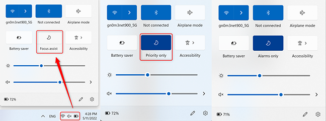 Press the connection and sound in the system tray and tap the Focus assist button to choose which notifications to allow.