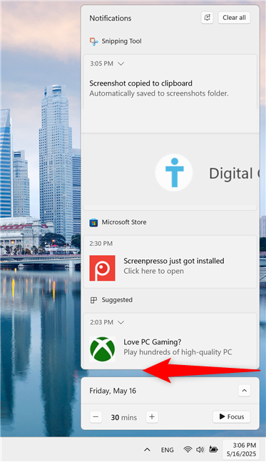 Swipe in from the right edge to open the notification center