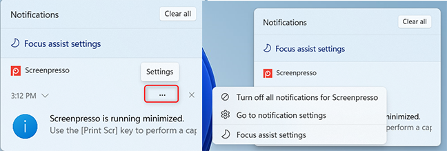 Access notification options from the Windows 11 Notifications Center
